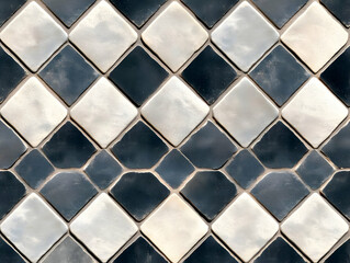 Black and White Diamond-Shaped Tiles Seamlessly Arranged on a Wall or Floor, Creating a Geometric Pattern