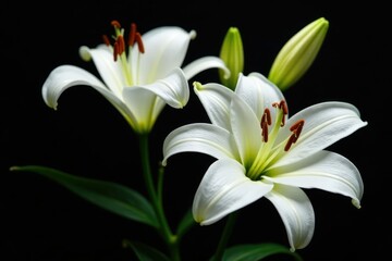 Fototapeta premium Delicate white lily flowers blooming on a dark velvet background, soft petals, black velvet