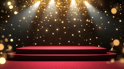 Award ceremony stage, red carpet, spotlight, golden sparkles, celebration