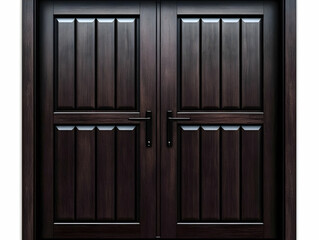 Fototapeta premium Dark Wood Double Door Features a Modern Design with Black Handles and Secure Lock System.