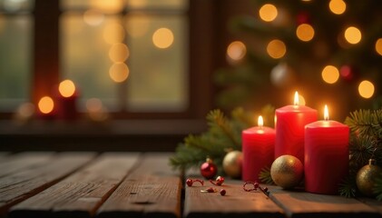 Golden Christmas background with a wooden table and candles, scene, wood