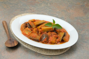 Terong Balado, stir fried eggplant with spices, traditional Indonesian food.
