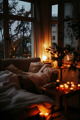 Fototapeta premium A cozy living room during twilight, adorned with soft blankets and illuminated by warm candlelight, creating a peaceful ambiance. Perfect for relaxation and leisure moments.
