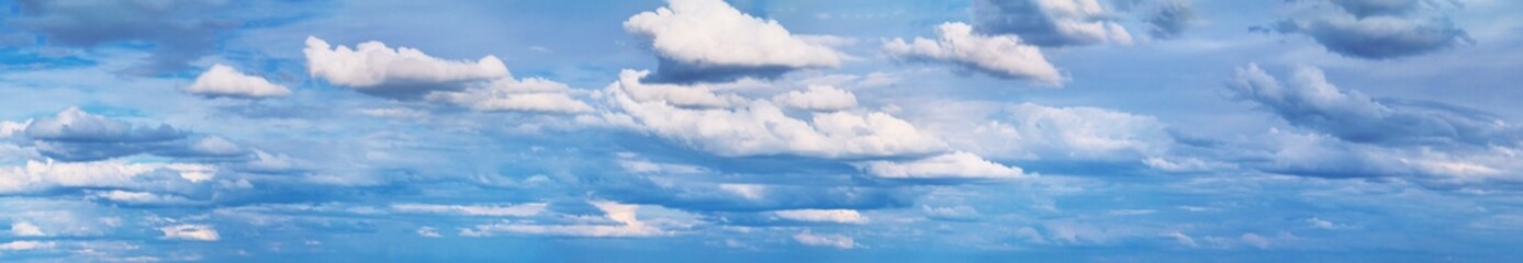 Blue sky landscape with white clouds, huge panorama. Horizontal banner with free copy space for text