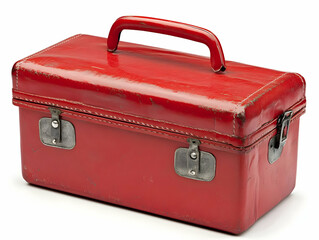 Vintage Red Metal Toolbox Sits on White Background Showcasing its Worn and Weathered Appearance.