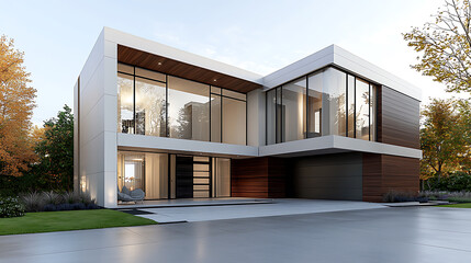 Explore innovative modern home design in serene suburban setting, showcasing sleek lines and contemporary aesthetics