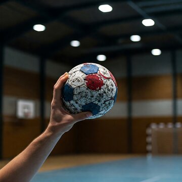 a handball player&rsquo;s hand releasing the ball, with court in the background., soccer, ball, football, ball 