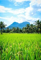 a rice field with palm trees and mountains in the background
