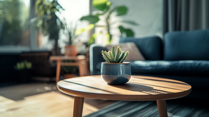 A cozy living room setting featuring a minimalist coffee table with a small cactus plant. Sunlight filters through the windows, illuminating the space, creating a warm atmosphere.