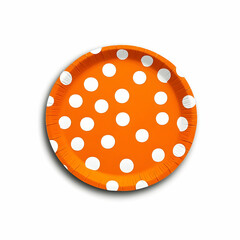 Fototapeta premium Orange Paper Plate with White Polka Dots Isolated on a White Background