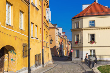 Cityscape - view of narrow streets with colorful old houses in the Old Town of Warsaw, Poland