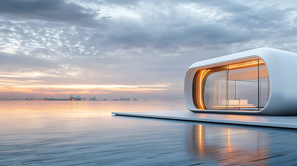 Obraz premium Modern architectural design in serene coastal setting futuristic structure tranquil environment aesthetic viewpoint