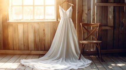 A classic satin A-line gown draped elegantly over a rustic wooden chair, bathed in golden light.