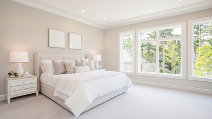 Fototapeta premium Luxurious bedroom with large windows, showing tranquil backyard view; ideal for real estate listings