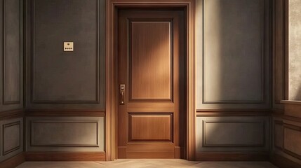 A closed door with a dimly lit hallway, creating a sense of isolation and seclusion.