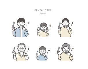 歯磨きできれいな歯の家族のイラスト