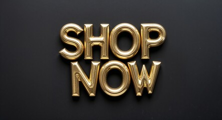 shop now word gold metallic shiny lettering on plain black background
