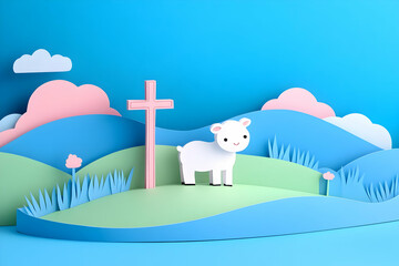 3D Paper Cutout Lamb Stands Near a Cross in a Serene Landscape with Blue Sky, Clouds, and Green Hills