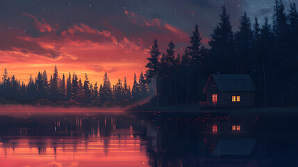 Digital Art of a Sunset View with A Rustic Cabin Amidst Enchanting Forest-Tinged with the Glow of Twilight