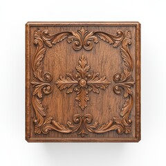 A beautifully carved wooden box featuring ornate floral designs, showcasing intricate detailing and a rich brown finish.