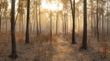 Fototapeta premium A forested area covered in a thin layer of smog, blurring the details of the trees.