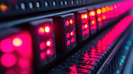 Obraz premium Close-up view of illuminated server lights in a data center, showcasing vibrant colors and technology