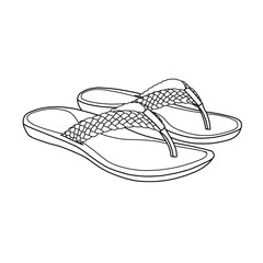 Technical sketch of women's flip flops sandals with braided straps and arch support line art, side and bottom view, flat sketch vector. Isolated on a white background