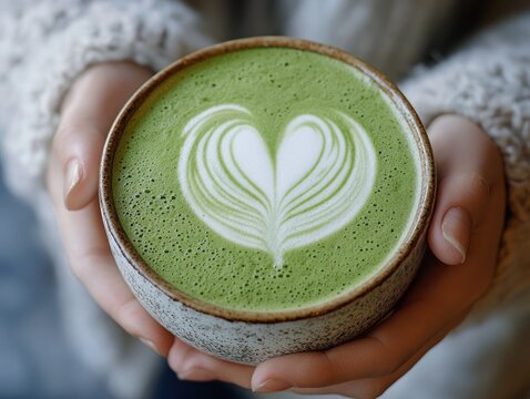 Woman's hands holding a cup of green matcha latte with heart latte art