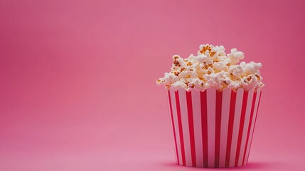 Fluffy Popcorn in Red Striped Paper Bucket on Pink Background. Copy Space for Text. Perfect for Cinema and Movie Theater Concept