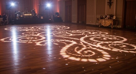Ballroom dance floor with heart gobo lights projected, a table in the corner2