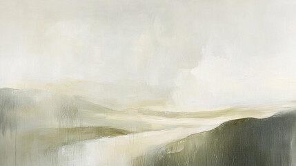 Serene misty mountain landscape, soft muted color palette, peaceful natural scenery