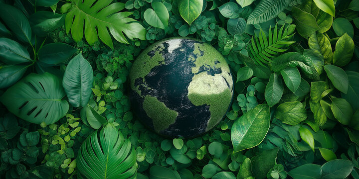 Global environmental awareness earth surrounded by lush greenery nature close-up aerial perspective sustainability and conservation