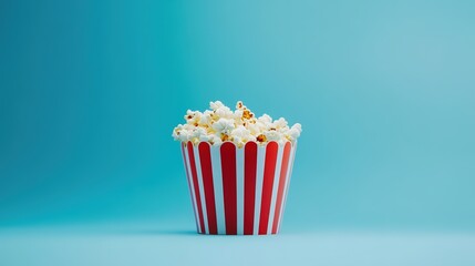 Fluffy Popcorn in Red Striped Paper Bucket on Blue Background. Copy Space for Text. Perfect for Cinema and Movie Theater Concept