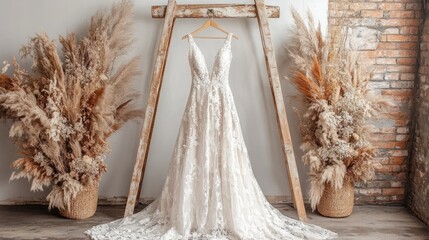 A luxurious eco-friendly wedding dress displayed on a rustic wooden clothing rack in a vintage room.