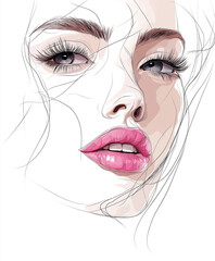 Fototapeta premium Minimalist line drawing of a woman's face with pink lips, contemporary and artistic interpretation