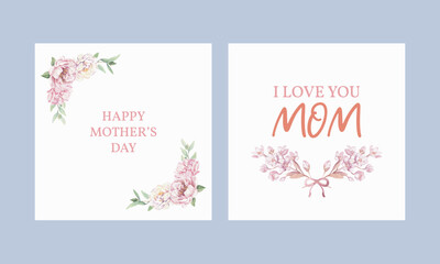 Set of Mothers day greeting cards with watercolor flowers, Banner, Vector illustration background