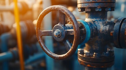 Rusty Industrial Valve Wheel Close-Up: A Detailed Look at an Aged Metal Control Mechanism in an Oil Refinery or Industrial Plant Setting