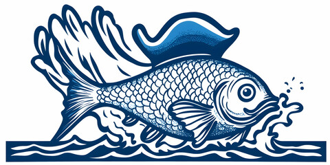 Naklejka premium Blue Fish Leaps from Water with Splashing Waves in Dynamic Illustration