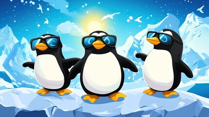 Naklejka premium Funny Penguins in Glasses on the Glaciers of the South Pole. Perfect for Humorous and Wildlife Themes