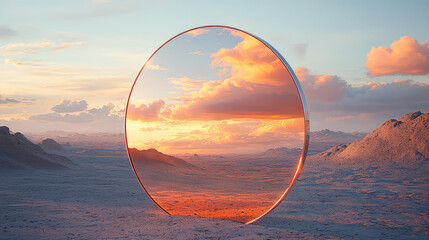 Circular mirror reflecting sunset over desert landscape.
