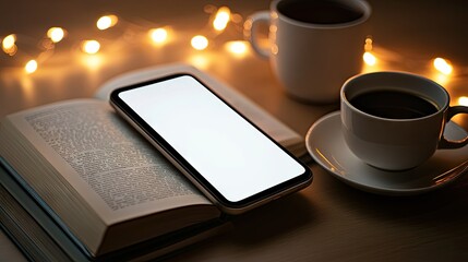 A smartphone screen glowing in the dark, surrounded by untouched books and a cup of coffee.