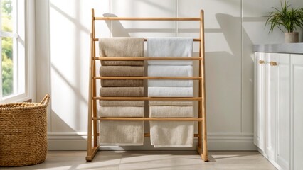Towel rack displaying neatly folded towels in a bright, airy room.