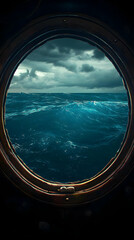 Fototapeta premium Round Porthole Reveals Stormy Ocean View with Dark Clouds and Choppy Waters from Ship