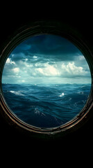 Fototapeta premium Round Window Shows a View of the Wavy Ocean Under Cloudy Sky in a Dark Room