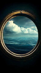 Fototapeta premium Round Window Shows Ocean View with Cloudy Sky Reflecting Nautical Theme.