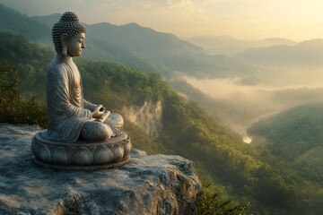 Serene Buddha statue overlooking misty mountain valley at sunrise; meditation, peace