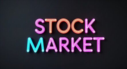 Fototapeta premium stock market word lettering colorful neon glowing text on plain black dark background
