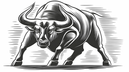 Powerful Bull Charges Forward in Dynamic Black and White Illustration