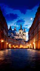 Fototapeta premium Historic Church Dominates Cobblestone Street Under Moonlit Sky at Night