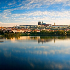 Fototapeta premium Historic cityscape reflected serenely in a calm river under a picturesque sky at dawn.